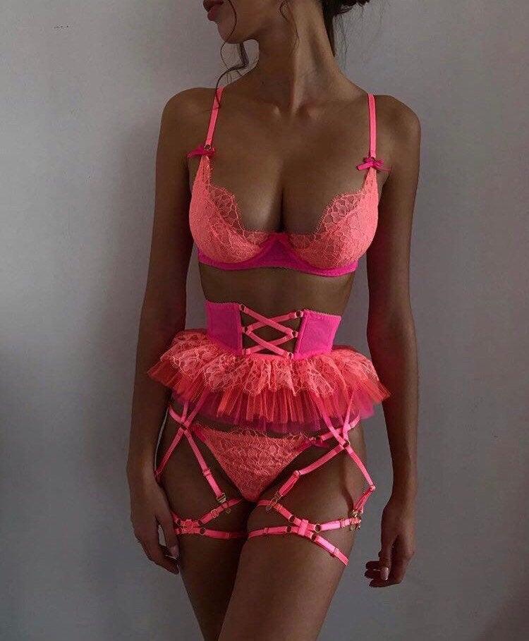 Mariage - Neon peach lingerie set, see through lingerie, sexy lingerie, sheer lingerie, erotic lingerie, lace lingerie, gift, wedding lingerie