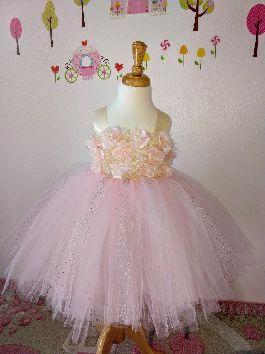 Hochzeit - Custom Flower Girl Tutu Dress/Pink with Ivory Satin Ribbon/ Blush Pink with Sparkle and Ivory Ruffled Roses/Made To Order
