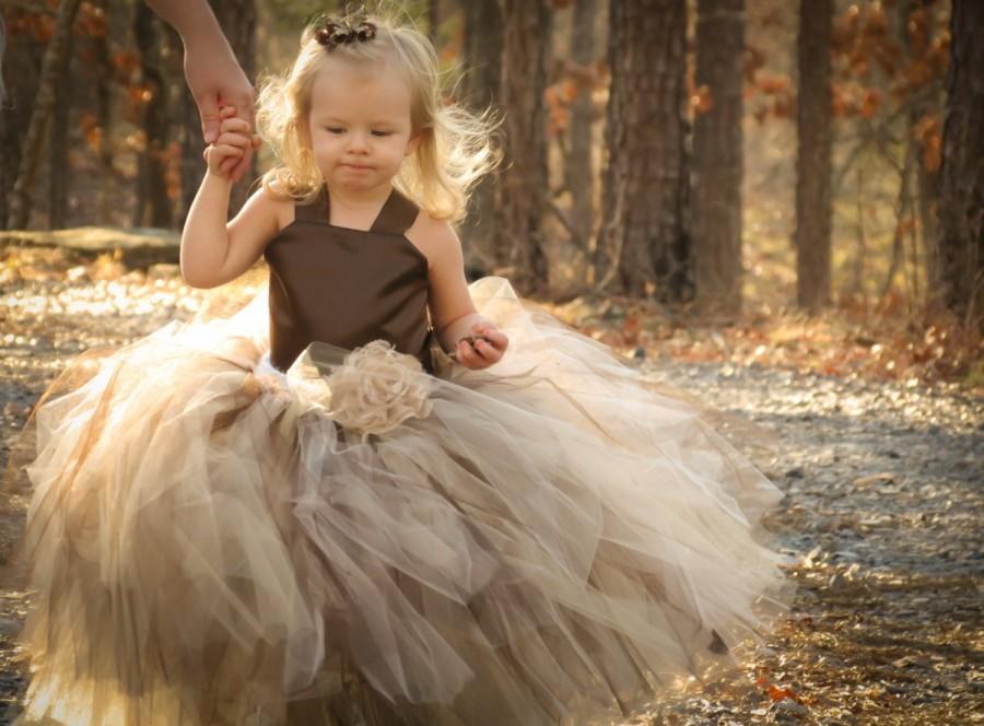 Mariage - Pixie tutu dress..Chocolate brown satin Bodice...Brown and  Champagne skirt...Flower Girl Dress..Vintage Photography Prop