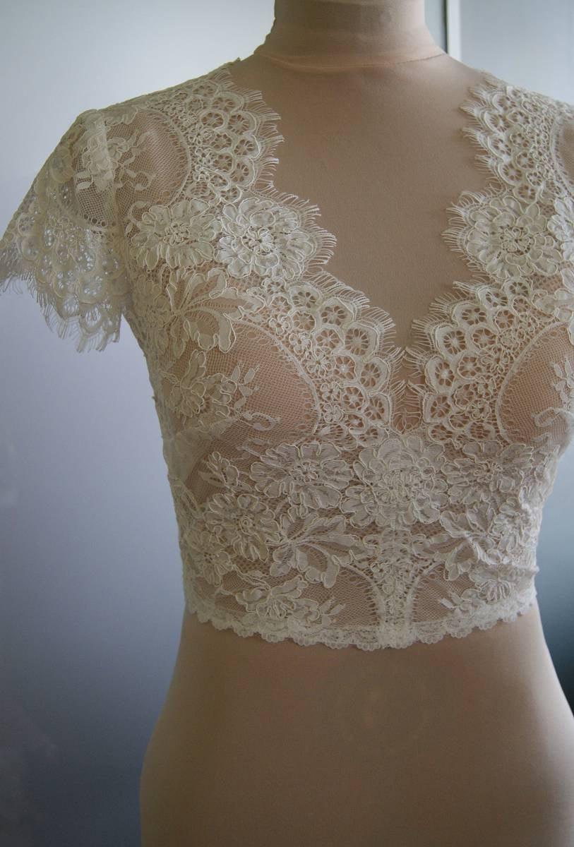 زفاف - Wedding top,bolero jacket of lace alencon, sleeves, . Unique, Exclusive Romantic bridal lace bolero EDNA