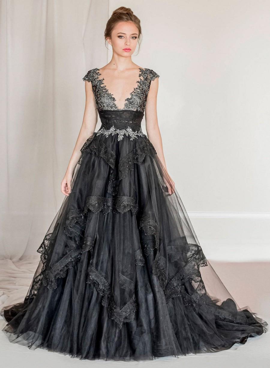 Wedding - Black tulle and lace evening gown, black wedding dress, black wedding gown, black prom dress, red carpet dress