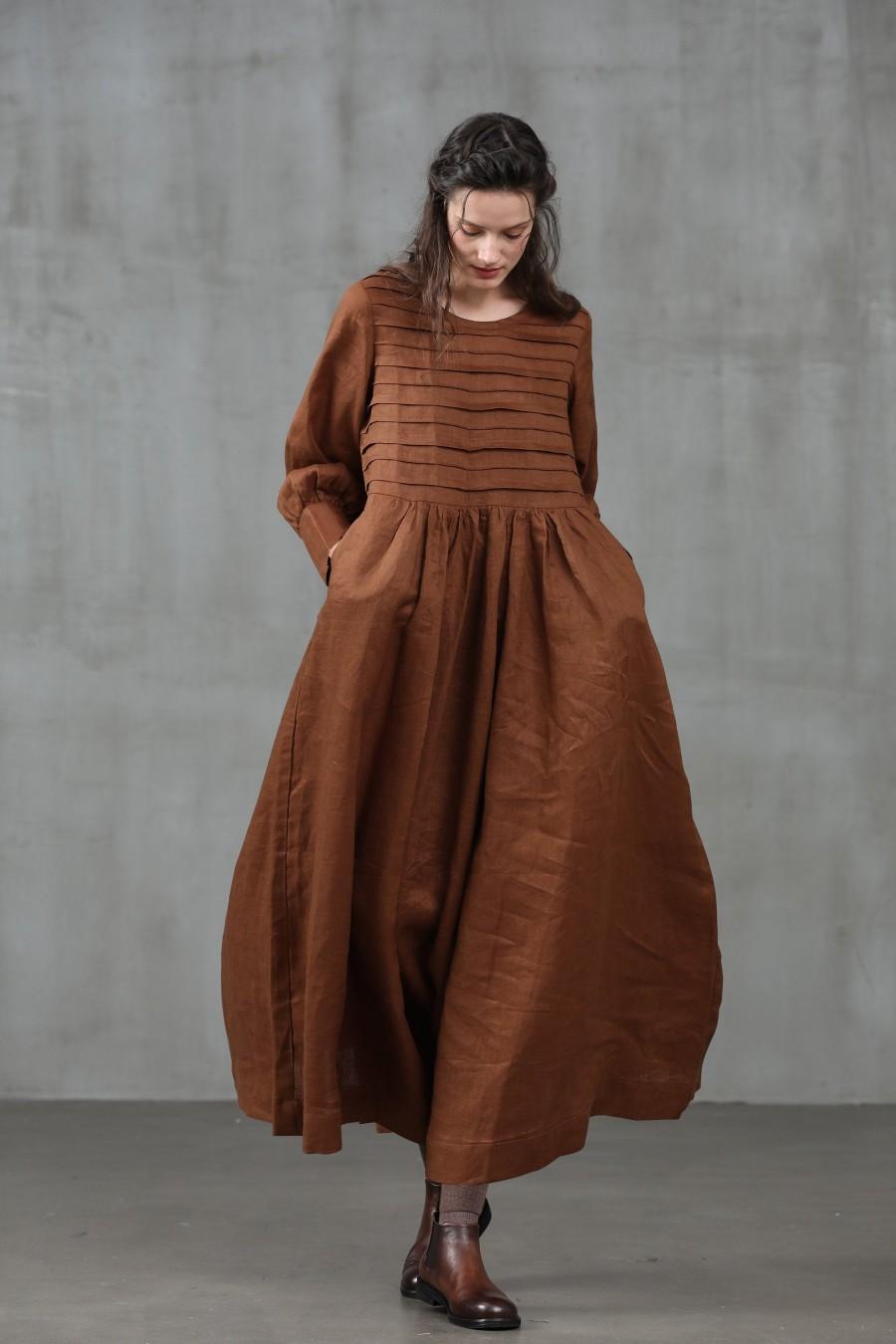 زفاف - puff sleeve winter dress, maxi linen dress, linen dress, brown dress coffee dress, pleated dress, French dress, longsleeve 