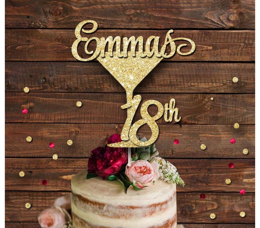 زفاف - Custom name age champagne glass glitter cake topper, 18 th birthday, 21st