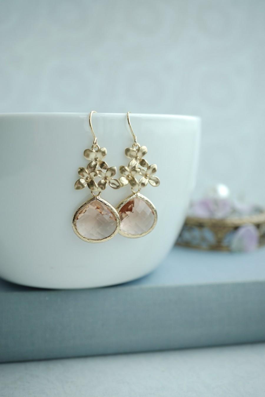 Mariage - Champagne Peach Earrings, Gold Champagne Flower Earrings, Bridesmaids Gift, Mothers Day, Cherry Blossom Dangle Earrings, Wife Valentine Gift