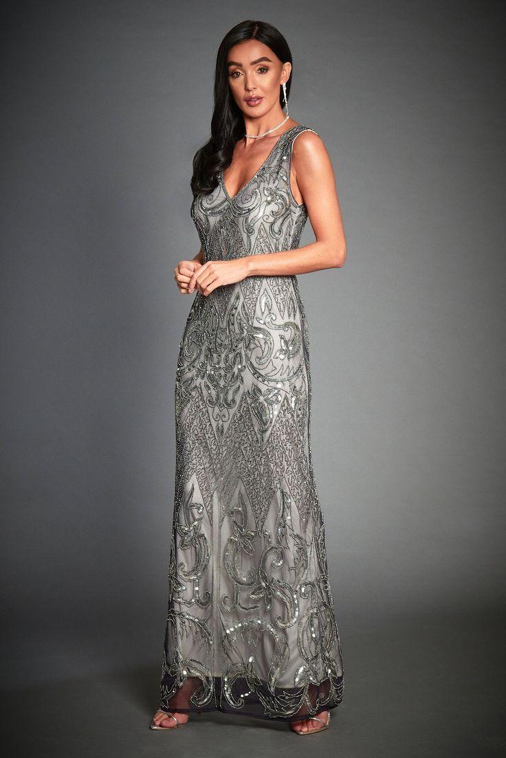 Mariage - Angie Embellished Flapper, 1920s Great Gatsby Inspired, Art Deco Evening Prom Dress, Downton Abbey, 20s Grey Wedding Dress, Plus Size, S-4XL 