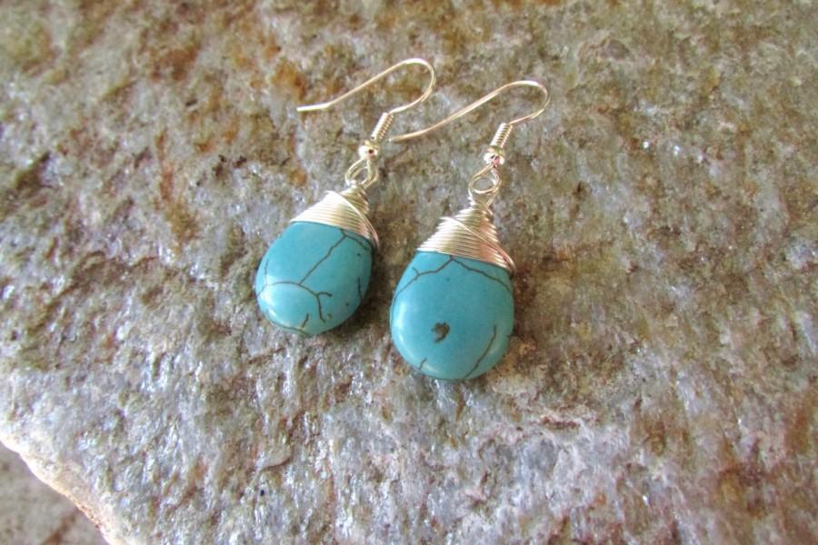 Mariage - Turquoise Earrings smooth magnesite teardrop gemstone silver wire wrapped