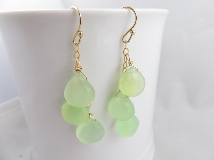 Hochzeit - Green Chalcedony Earrings long cluster dangle teardrop gemstone 14k gold filled jewelry