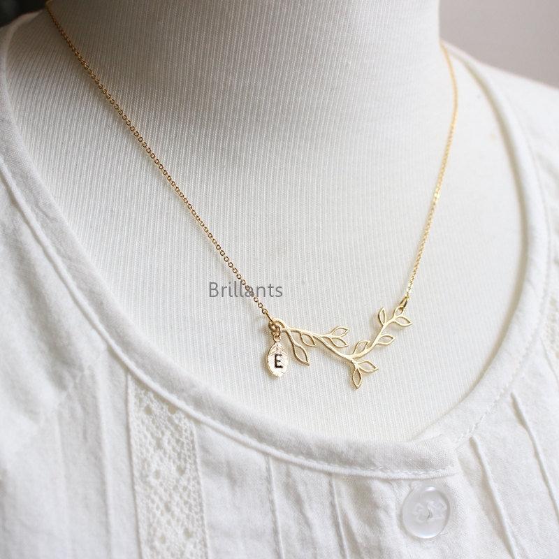 Свадьба - Personalized Branch necklace, Gold, Silver, Leaf necklace, Everyday necklace, Wedding necklace, Bridesmaid jewelry, Bridesmaid gift, Initial