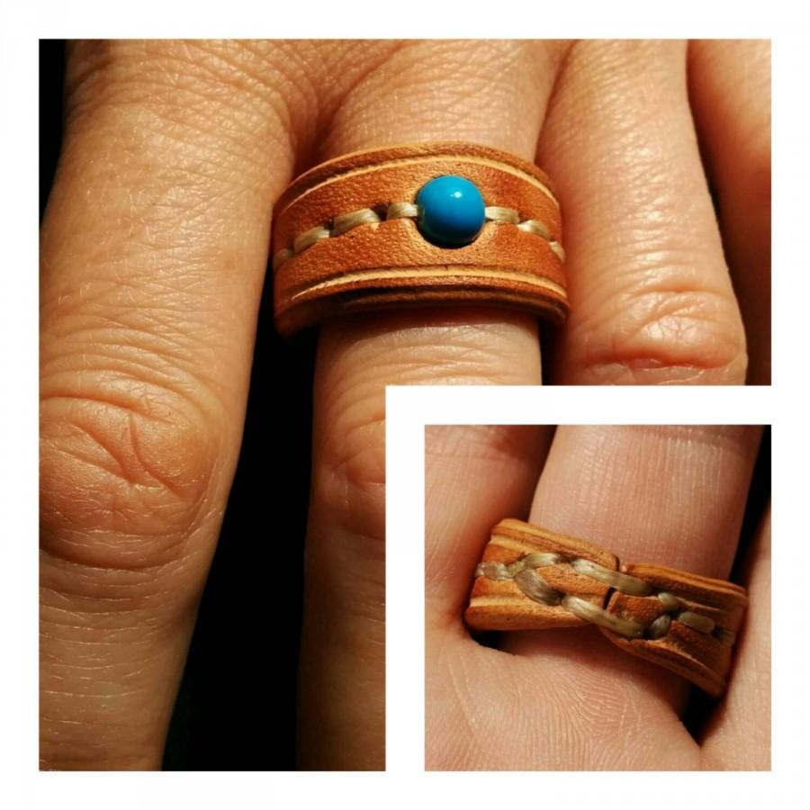 زفاف - Leather Ring with Blue Glass Bead, Ring with Glass Bead, Leather Jewelry, Woman's Gift, Men's Gift, Engagement, Wedding, Hand stitched.