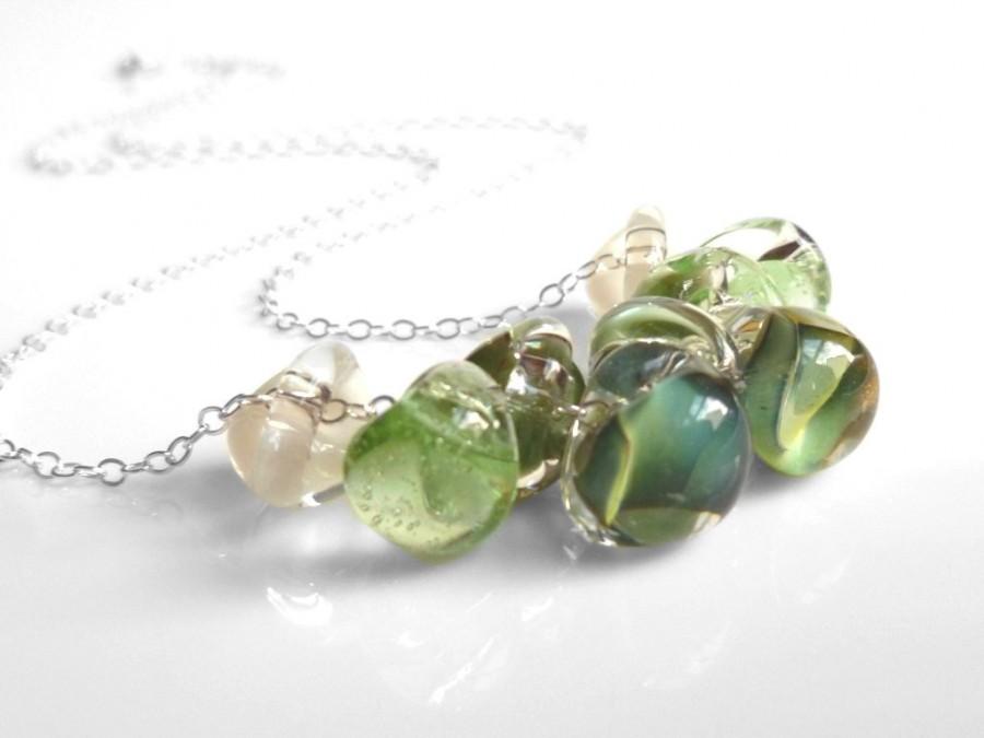 زفاف - Green Bead Necklace - .925 sterling silver chain / pale glass swirled small tear drops - hints of aqua blue / white / clear - LAGOON