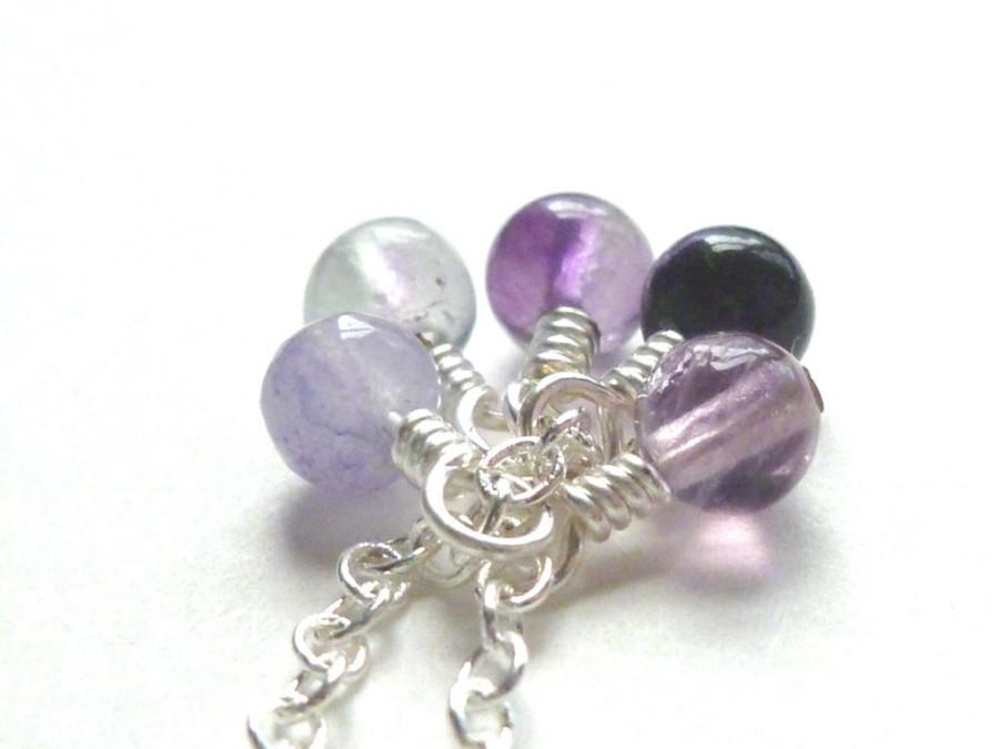 Hochzeit - Purple Stone Necklace - tiny round semi-precious fluorite gemstone ball drop cluster on small simple silver chain - Ombre Violet Minimalist