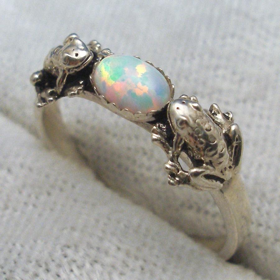 زفاف - Opal Frog Ring, October birthstone, Hand Crafted Recycled Sterling Silver, Synthetic Opal, handmade 2 frogs band