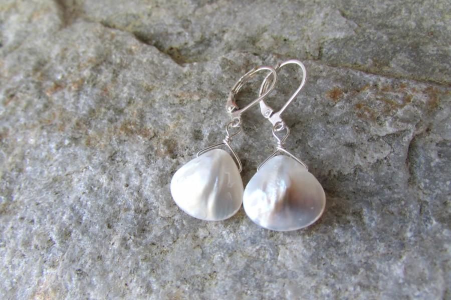 Mariage - white pearl earrings bridesmaids mother of pearl shell teardrop faceted crystal dainty lovely wedding jewelry