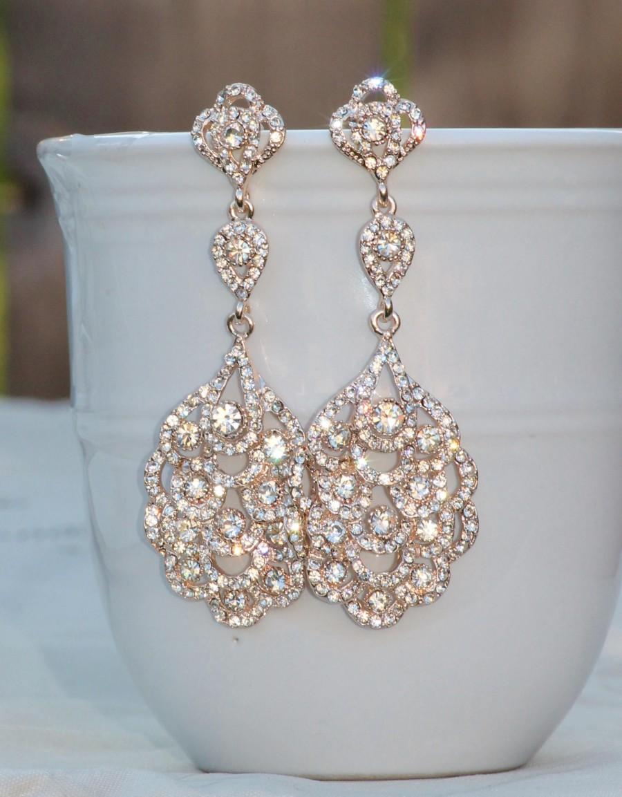 زفاف - BEST SELLER Rose Gold Long Crystal Chandelier Earring,Rose Gold Crystal Clear Long Rhinestone Drop,Stud Post,Bridal Wedding Earrings,Dangle