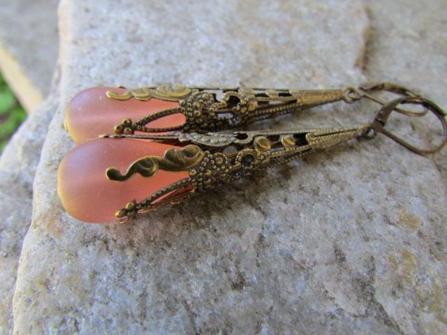 Hochzeit - long peach earrings long victorian style glass teardrop jewelry  frosted peach seaglass antique vintage bronze extra long earrings