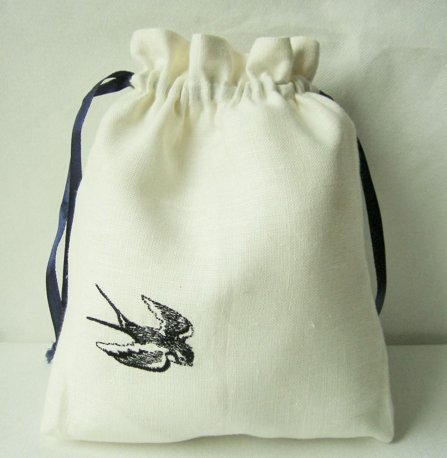 Wedding - Linen Girl Handbag, Embroidered Wedding Sachet, Small Handmade Swallow Bag, White, Rustic Party Bag