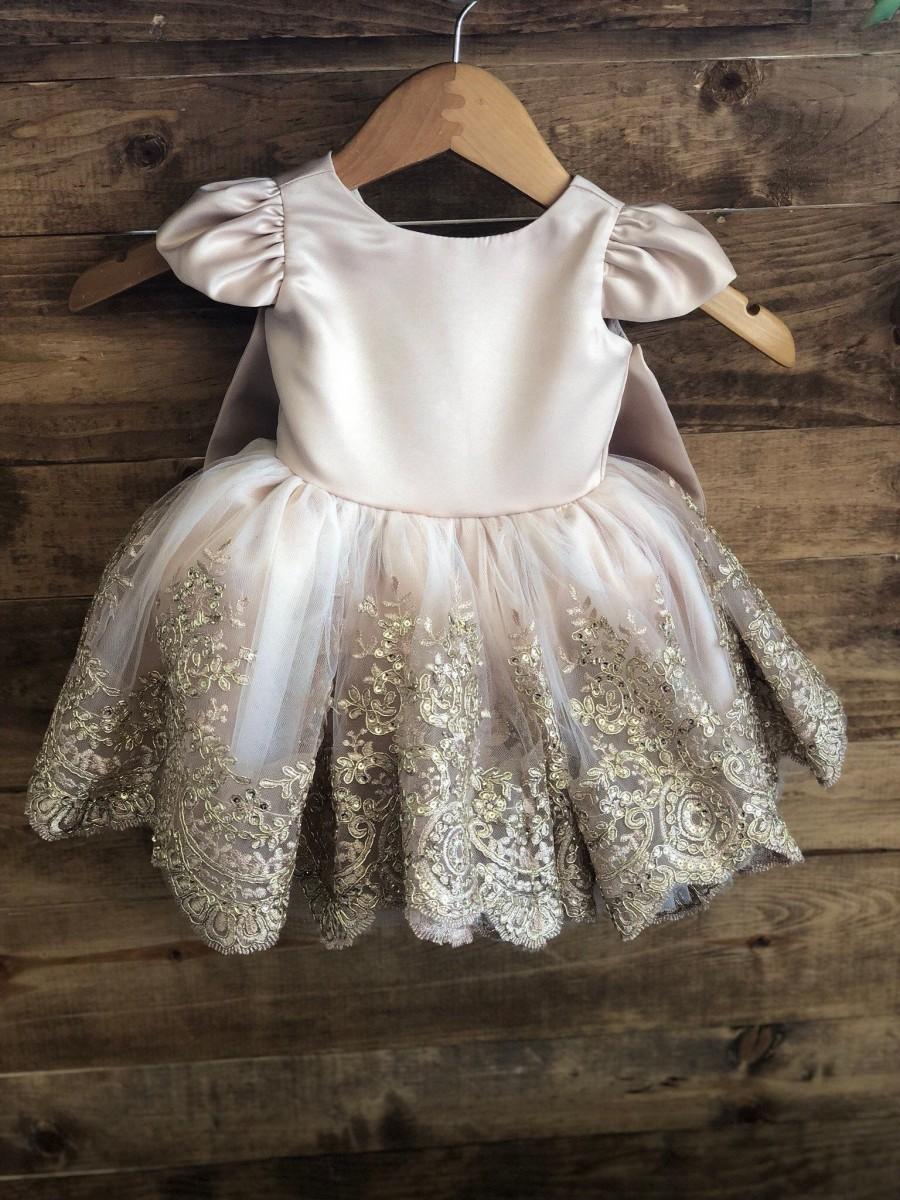 Mariage - Sophia Dress -champagne gold flower girl dress birthday special occasion dress rose gold wedding lace trim skirt fancy