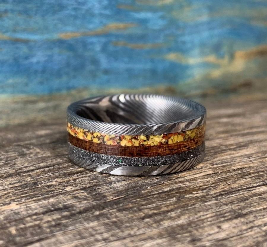 زفاف - Damascus Steel Ring - Men's Wedding Band - Meteorite and Dinosaur Bone Ring - Wood Ring for Men