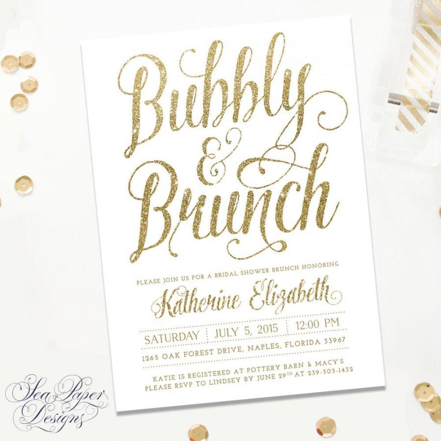 Hochzeit - Bubbly And Brunch, Bridal Shower Invitation - White & Gold Glitter - Printed Or Digital - Glam White Party Invite - Ava
