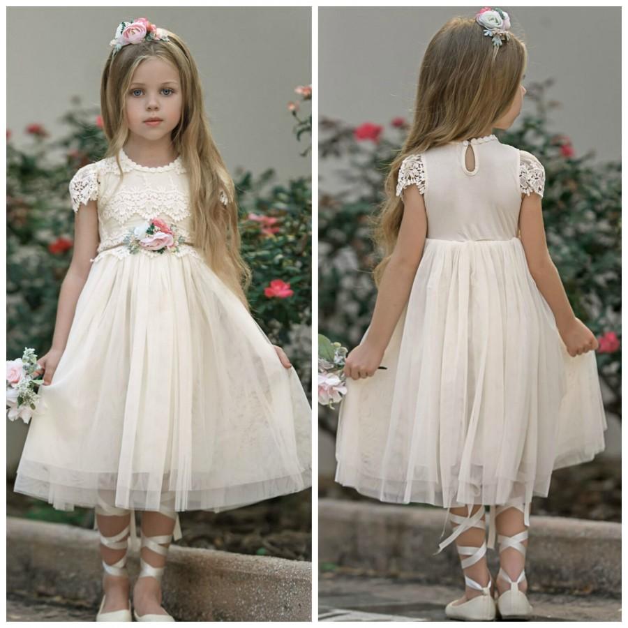 Hochzeit - Ivory flower girl dress, Ivory Lace flower girl dress, Tulle Flower Girl Dress, Rustic Flower Girl Dresses, Boho Flower Girl, Birthady Dress