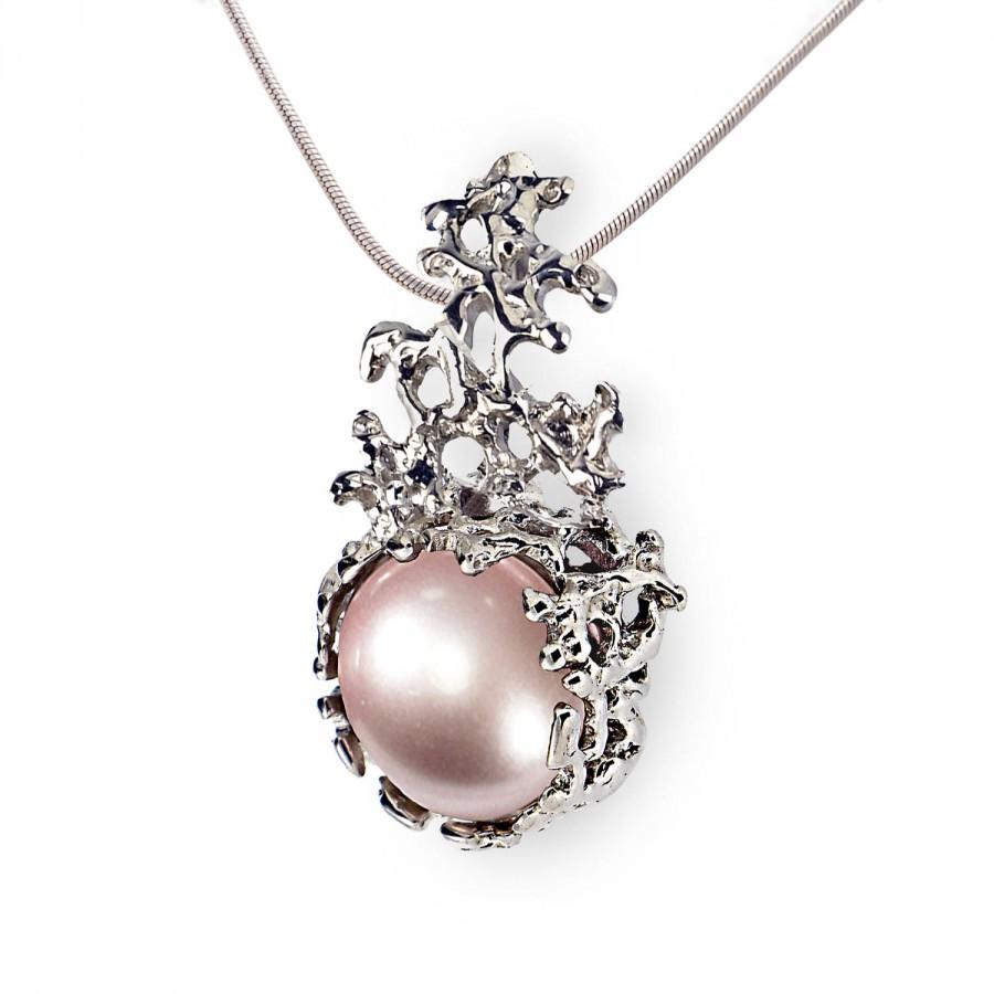 زفاف - CORAL Pink Pearl Pendant Necklace, 14k White Gold Pink Pearl Necklace Wedding, Bridal Pearl Necklace Gold, Bridal Jewelry Pearl