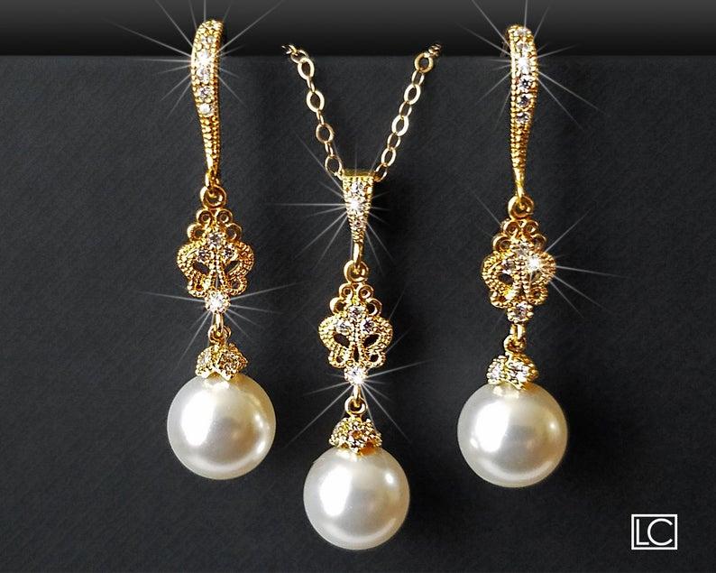 زفاف - Pearl Gold Bridal Jewelry Set, Swarovski White Pearl Earrings&Necklace Set, Wedding Jewelry, Bridal Jewelry, Chandelier Earrings Pendant Set