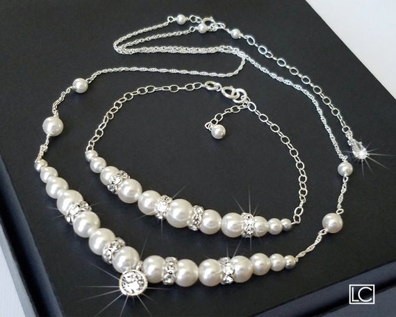 Hochzeit - White Pearl Bridal Jewelry Set, Swarovski Pearl Necklace&Bracelet Set, White Pearl Wedding Jewelry, Bridal Pearl Jewelry, Wedding Pearl Sets