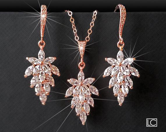 Wedding - Rose Gold Cubic Zirconia Jewelry Set, Leaf Crystal Earrings&Necklace Set, Floral Crystal Bridal Jewelry, Cluster Rose Gold Wedding Jewelry