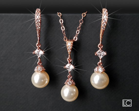 Mariage - Rose Gold Pearl Bridal Jewelry Set, Swarovski 8mm Ivory Pearl Earrings&Necklace Set, Wedding Rose Gold Jewelry, Dainty Bridal Jewelry Sets