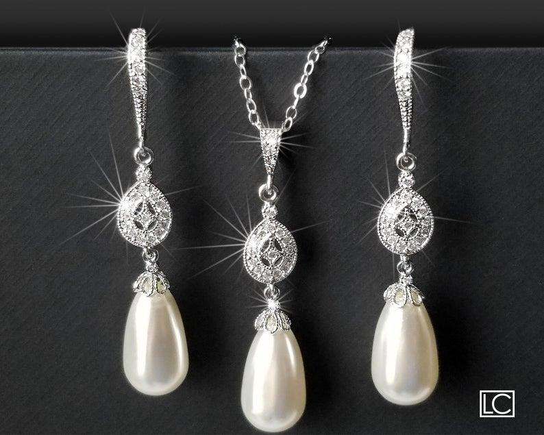 Mariage - White Teardrop Pearl Bridal jewelry Set, Swarovski White Pearl Earrings&Necklace Set, Wedding Pearl Jewelry Set, Pearl Silver Bridal Jewelry
