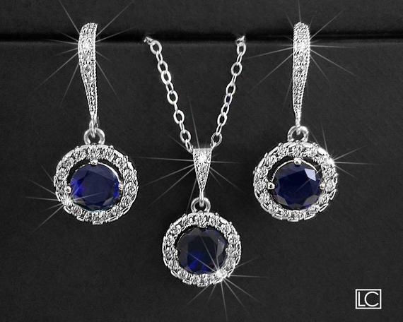 زفاف - Navy Blue Sapphire Bridal Jewelry Set, Wedding Blue Silver Earrings&Necklace Set, Blue Halo Crystal Jewelry Set, Navy Blue Round Jewelry Set