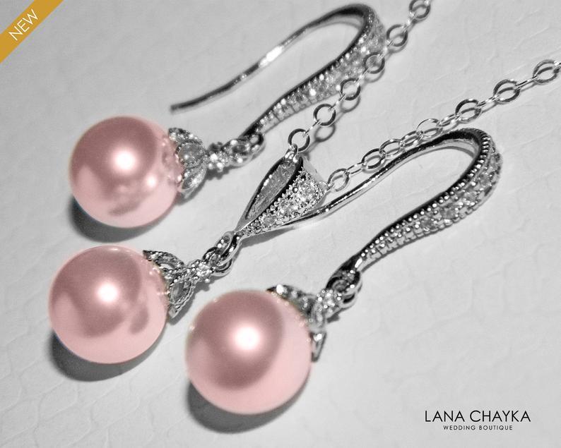 Wedding - Pink Pearl Jewelry Set, Swarovski 8mm Rosaline Pearl Earrings&Necklace Set, Blush Pink Small Pearl Bridal Set, Bridesmaids Jewelry Gift