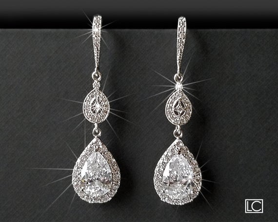 Hochzeit - Teardrop Crystal Bridal Earrings, Cubic Zirconia Dangle Earrings, Wedding Earrings, Chandelier Bridal Earrings Cubic Zirconia Bridal Jewelry