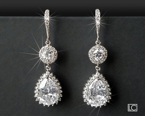 Wedding - Crystal Bridal Earrings, Cubic Zirconia Chandelier Earrings, Teardrop Wedding Earrings, Bridal Jewelry, Sparkly Halo Earrings, Prom Earrings