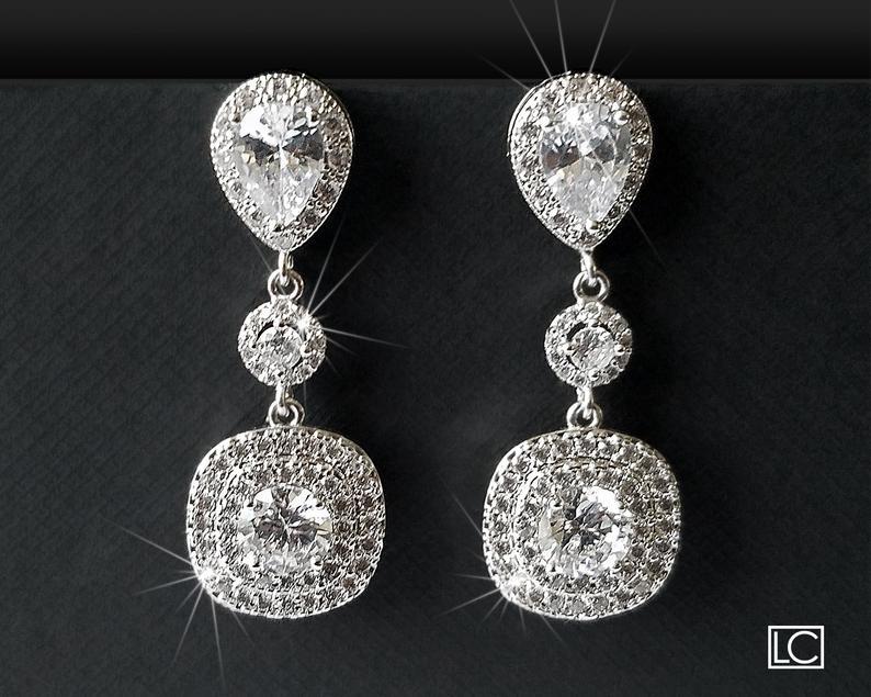 زفاف - Crystal Bridal Earrings, Wedding Cubic Zirconia Halo Earrings, Chandelier Silver Earrings, CZ Statement Earrings, Wedding Crystal Jewelry