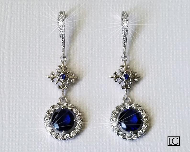Wedding - Navy Blue Crystal Earrings, Blue Silver Earrings, Blue Chandelier Earrings, Blue Cubic Zirconia Bridal Earrings, Wedding Navy Blue Jewelry