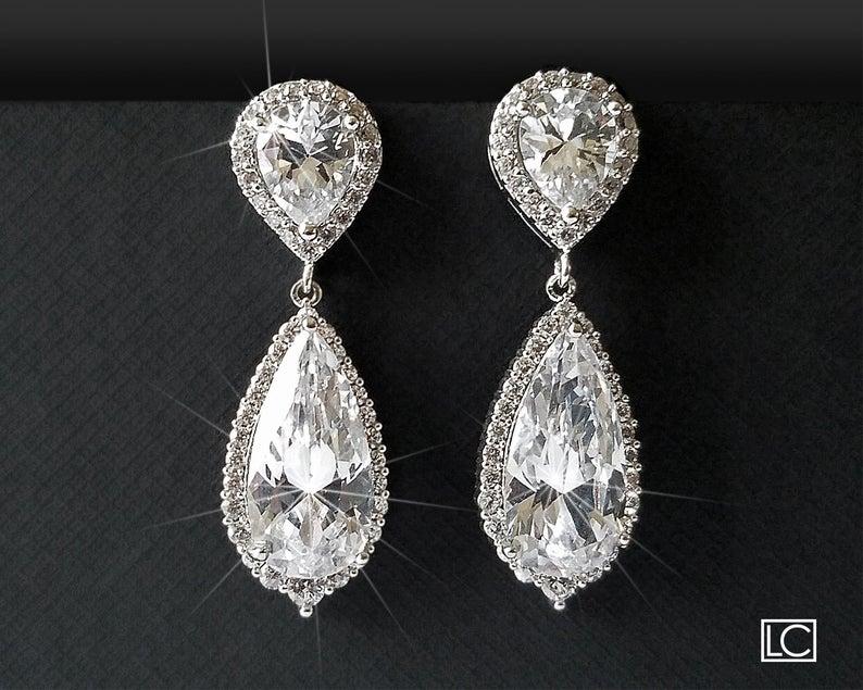 Hochzeit - Cubic Zirconia Bridal Earrings, Teardrop Crystal Earrings, Chandelier Wedding Earrings, Halo Silver Sparkly Earrings, Crystal Bridal Jewelry