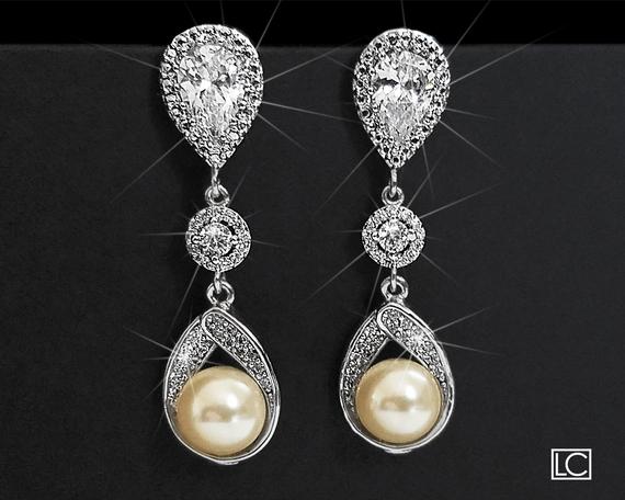 Mariage - Pearl Bridal Earrings, Swarovski Ivory Pearl Silver Earrings, Pearl Chandelier Wedding Earrings, Bridesmaids Pearl Jewelry, Dangle Earrings