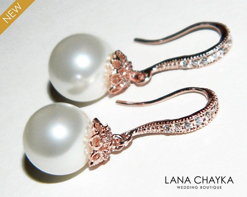 Mariage - White Pearl Rose Gold Bridal Earrings,Swarovski 10mm Pearl Earrings, Wedding Pearl Pink Gold Earrings, Bridal Pearl Jewelry Bridesmaids Gift