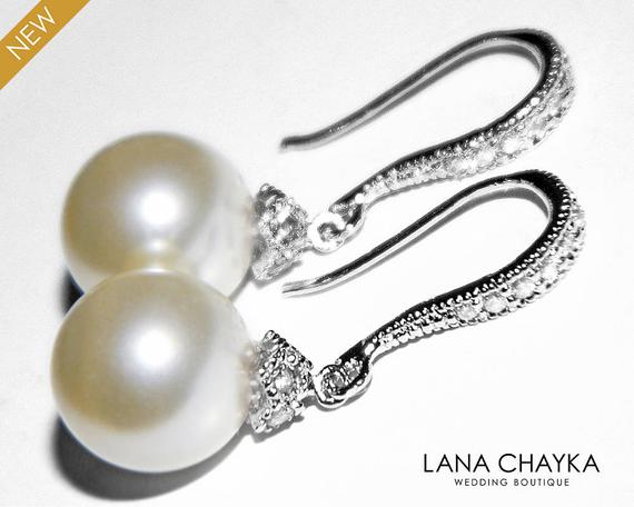 Свадьба - Pearl Bridal Earrings, Swarovski 10mm Ivory Pearl Drop Earrings, Wedding Pearl Silver Earrings, Simple Pearl Earrings, Bridal Bridesmaids