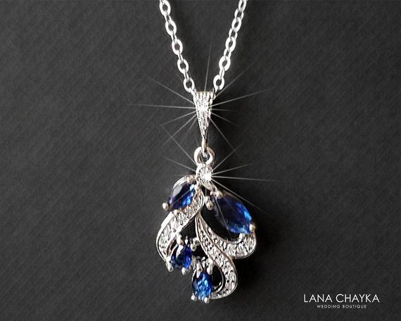 Mariage - Navy Blue Crystal Necklace, Sapphire Silver Floral Pendant, Wedding Blue Cubic Zirconia Necklace, Sapphire Crystal Necklace, Bridal Jewelry