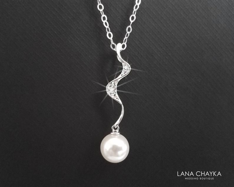 Mariage - White Pearl Sterling Silver Necklace, Swarovski Pearl Necklace, Wedding Pearl Necklace, White Single Pearl Pendant, Pearl Bridal Jewelry,