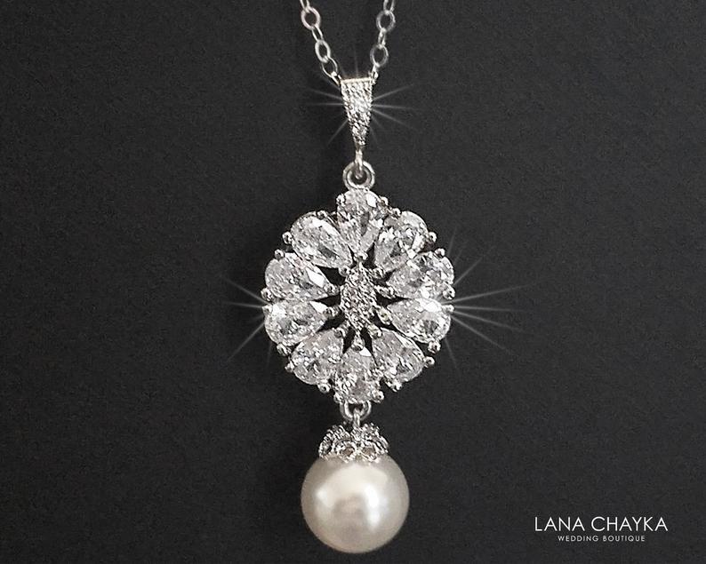 Mariage - Pearl Bridal Necklace, Swarovski White Pearl Cubic Zirconia Necklace, Wedding Necklace, Bridal Jewelry, Vintage Style, Bridal Pearl Pendant