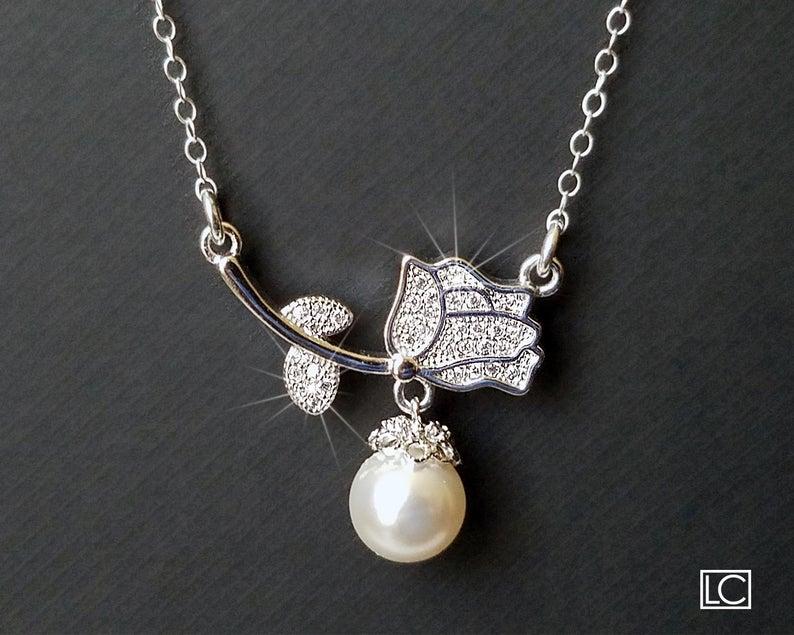 زفاف - Pearl Bridal Necklace, Swarovski White Pearl Flower Silver Necklace, Wedding Pearl Floral Charm Necklace, Bridal Jewelry, Pearl Rose Pendant