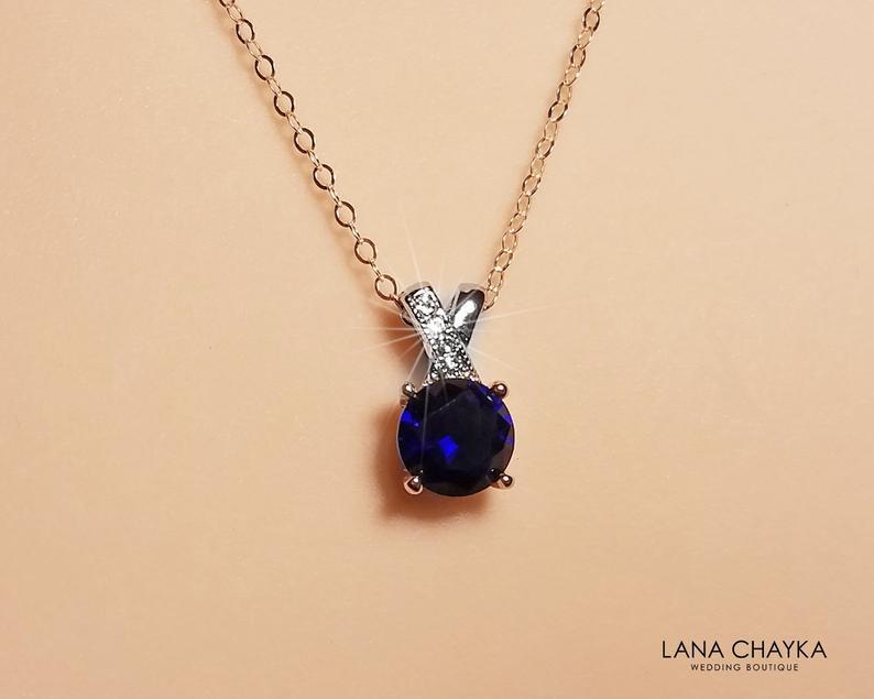 Hochzeit - Navy Blue Silver Necklace, Dark Blue Crystal Bridal Necklace, Wedding Blue Cubic Zirconia Necklace, Navy Blue Small Pendant, Bridal Jewelry