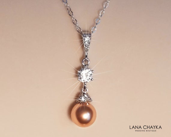 زفاف - Pearl Bridal Necklace, Swarovski 8mm Rose Gold Pearl Silver Necklace, Wedding Pearl Jewelry, Rose Gold Pearl Pendant, Bridal Pearl Jewelry
