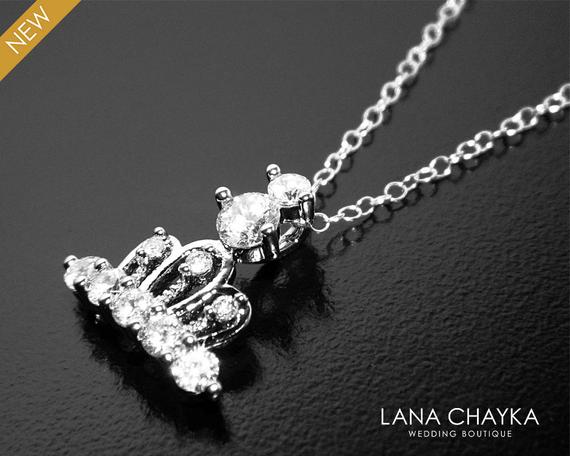 Hochzeit - Crown Cubic Zirconia Necklace, Tiara Silver Necklace, Wedding Princess Charm Necklace, Bridal Crown Jewelry, Crown Pendant, Tiara Necklace