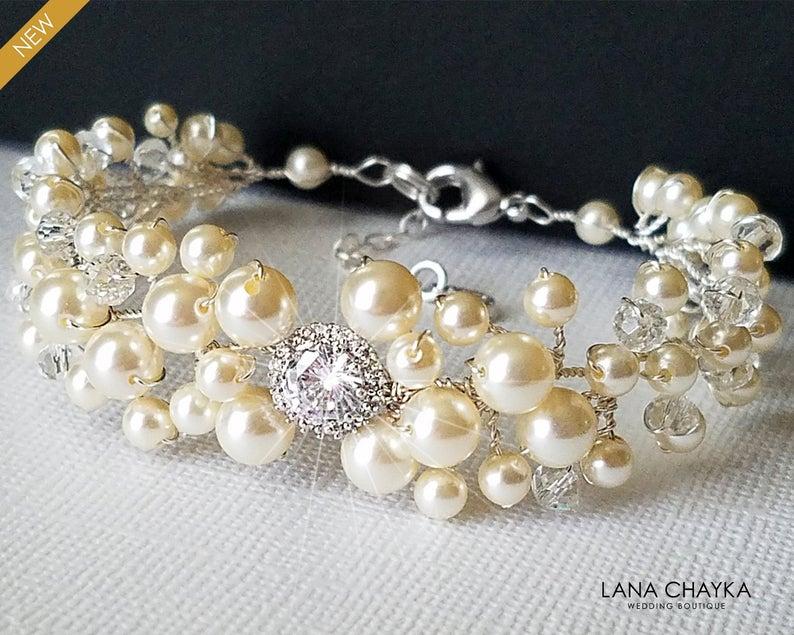 Wedding - Pearl Floral Cuff Bracelet, Bridal Pearl Bracelet, Swarovski Ivory Pearl Bracelet, Pearl Silver Wedding Bracelet, Ivory Pearl Bridal Jewelry