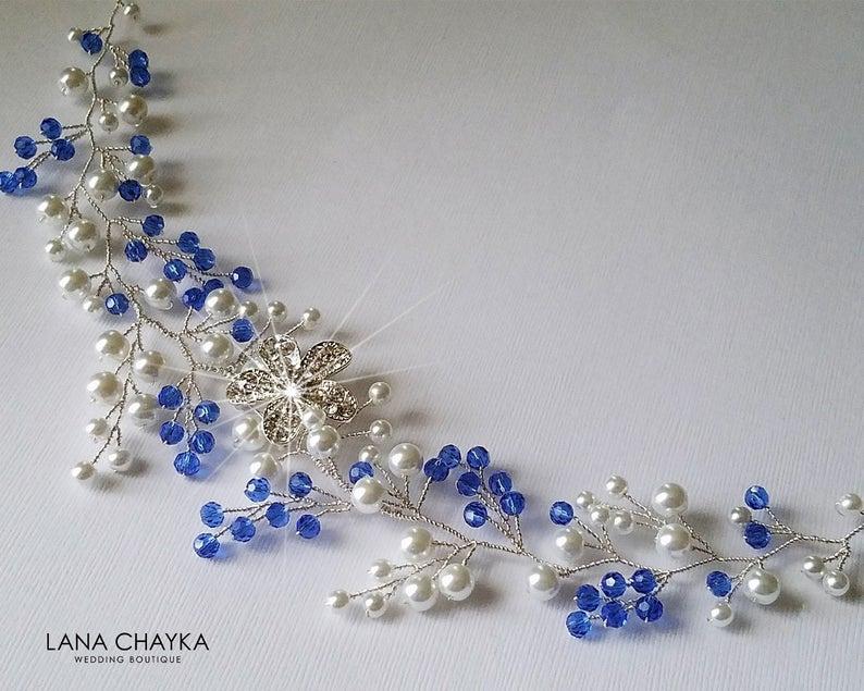 Wedding - White Pearl Blue Crystal Hair Vine, Bridal Hair Piece, Wedding Headpiece Sapphire White Pearl Wreath Bridal Floral Hair Piece Something Blue