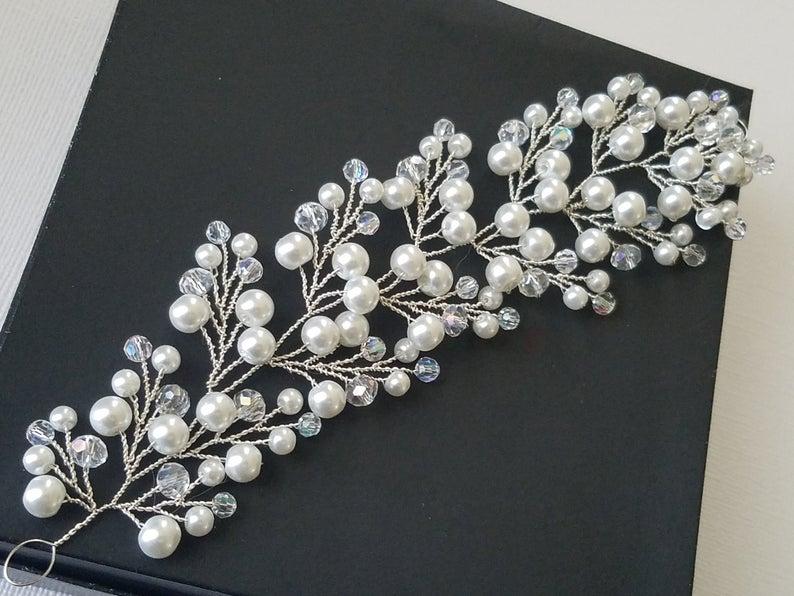 Hochzeit - Pearl Bridal Hair Vine, Wedding Hair Piece, White Pearl Crystal Wreath, Bridal Headpiece, Wedding Crystal Pearl Headpiece Pearl Hair Jewelry